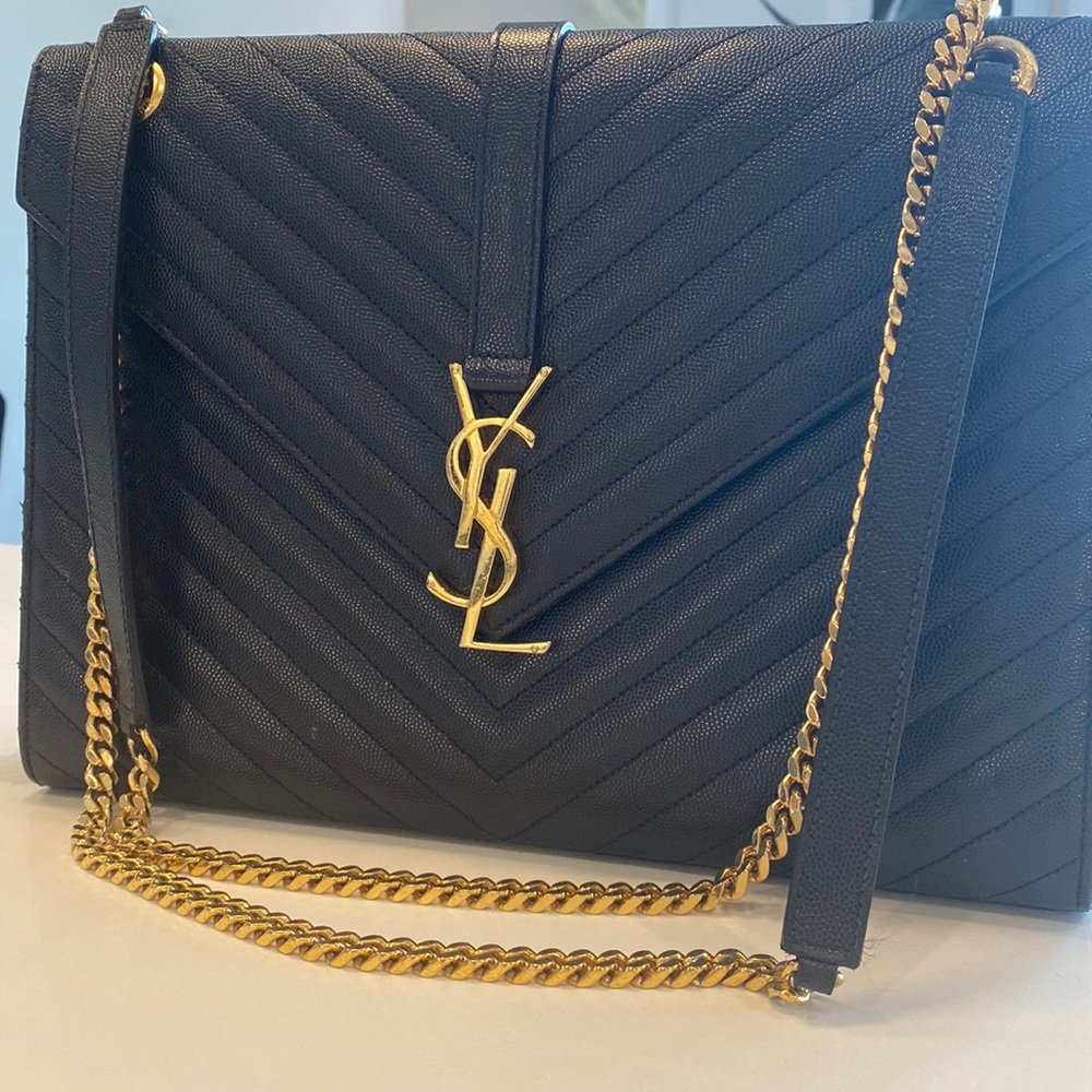 Saint Laurent Large Monogram Quilted Leather Wallet on a Chain (Dark Navy)